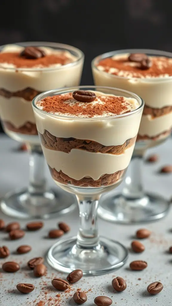 Three glasses of tiramisu layered with mascarpone and coffee, topped with cocoa powder and coffee beans.