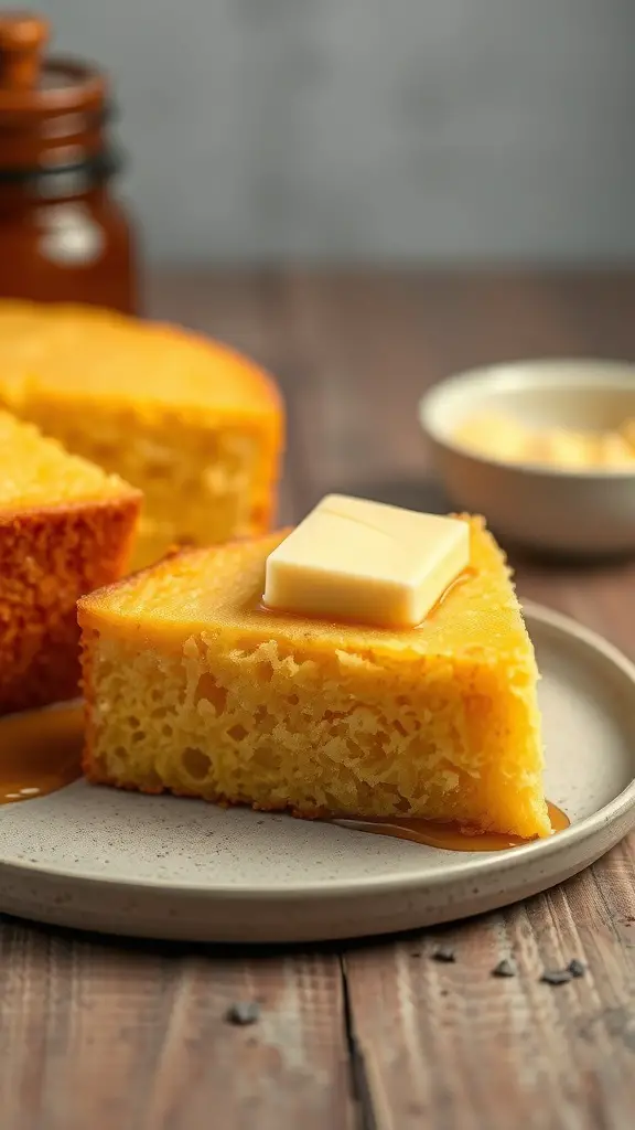 A slice of cornbread topped with butter and drizzled with honey on a plate.