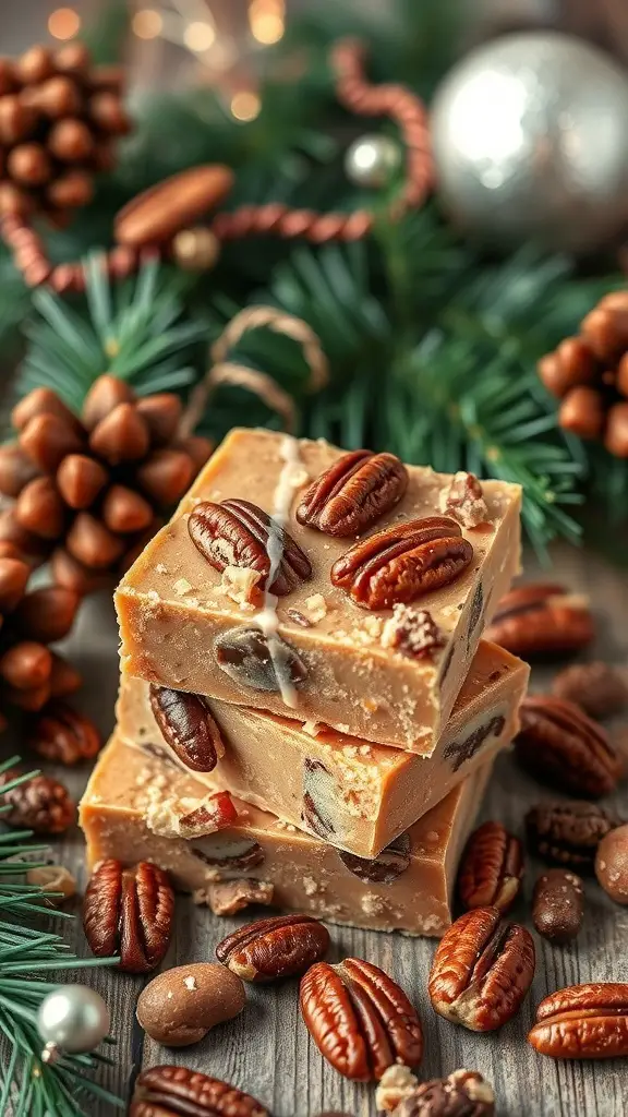 Nutty Maple Pecan Fudge with pecans and holiday decorations
