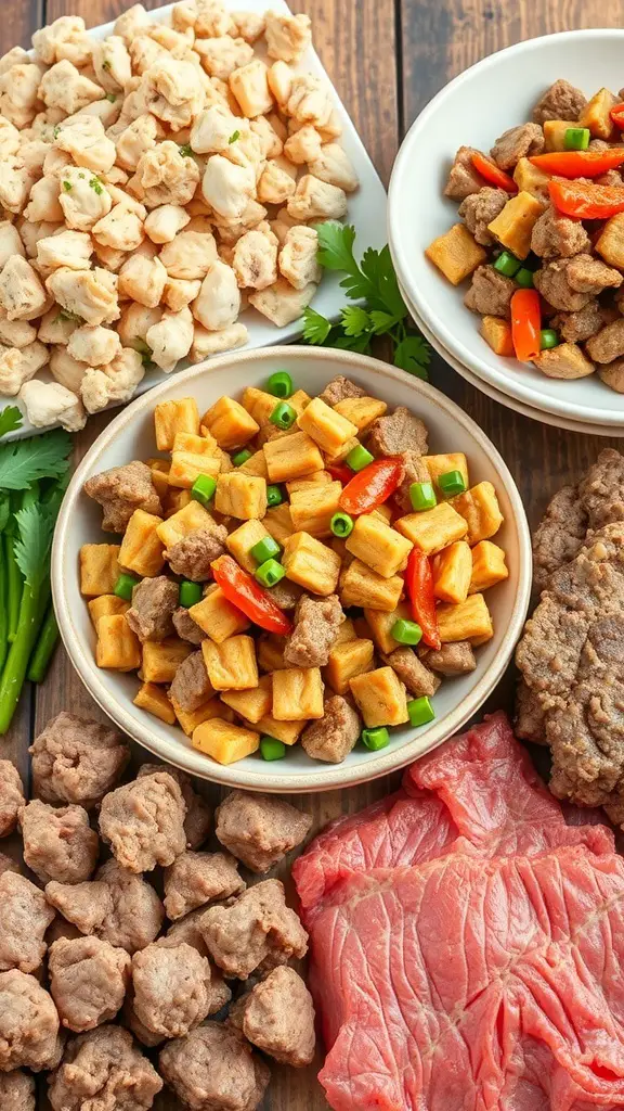 A variety of proteins including ground beef, chunks of meat, and sides ready for stir fry.