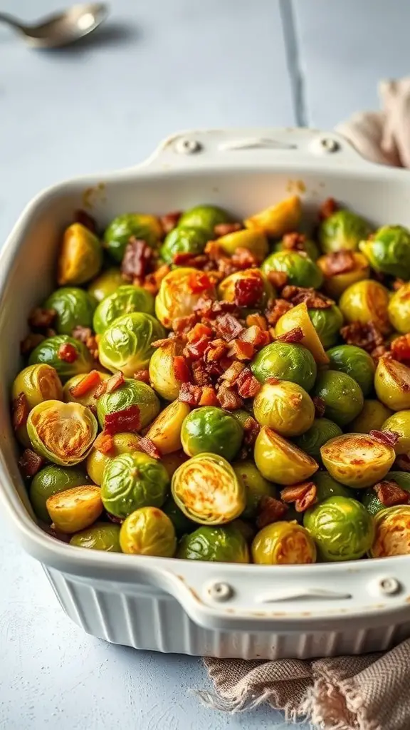 A casserole dish filled with crispy Brussels sprouts and bacon, showcasing vibrant green sprouts and golden bacon pieces.