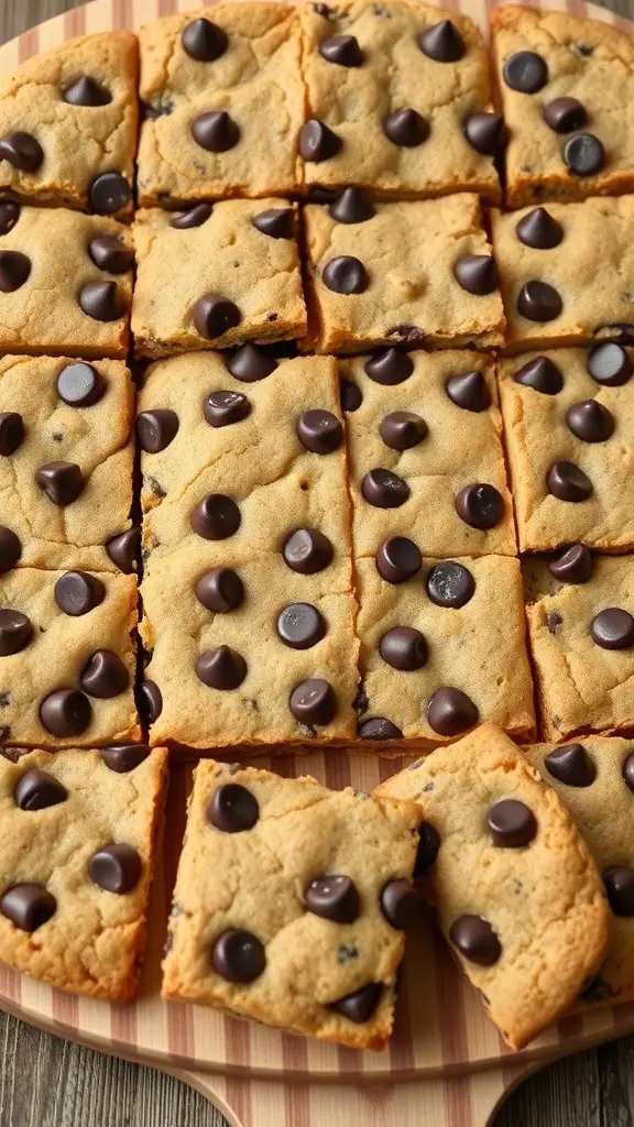 A tray of chocolate chip cookie bars cut into squares, topped with chocolate chips.