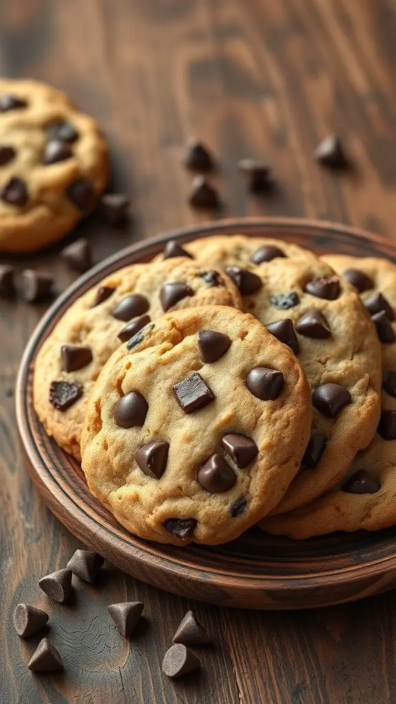 A plate of chocolate chip cookies with chocolate chips scattered around.
