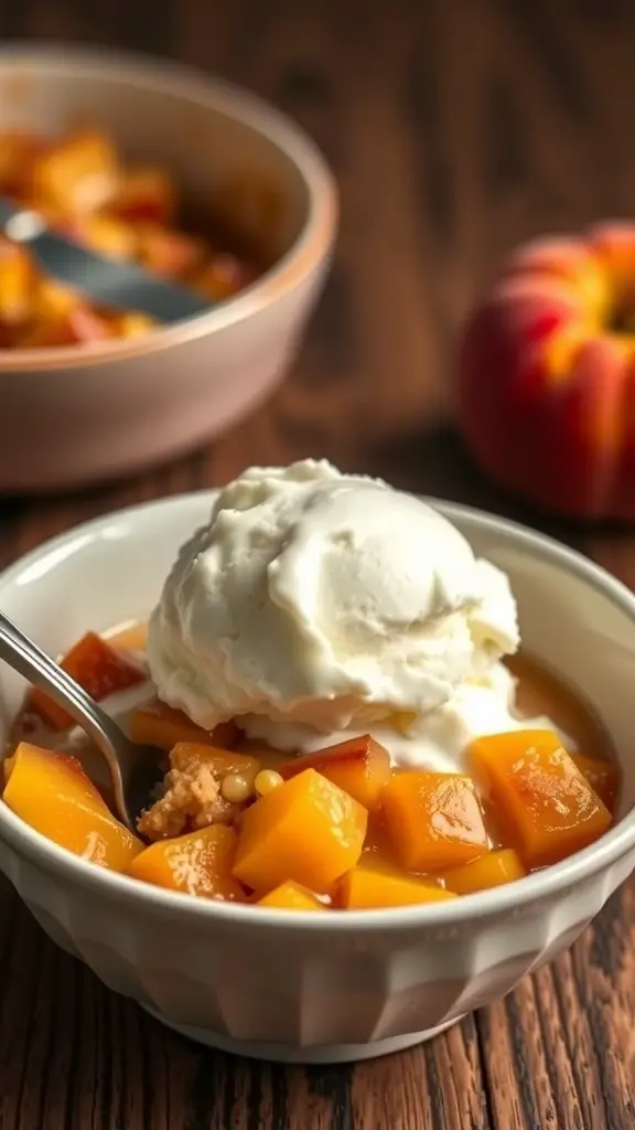 A bowl of peach cobbler topped with vanilla ice cream, with a second bowl and a peach in the background.
