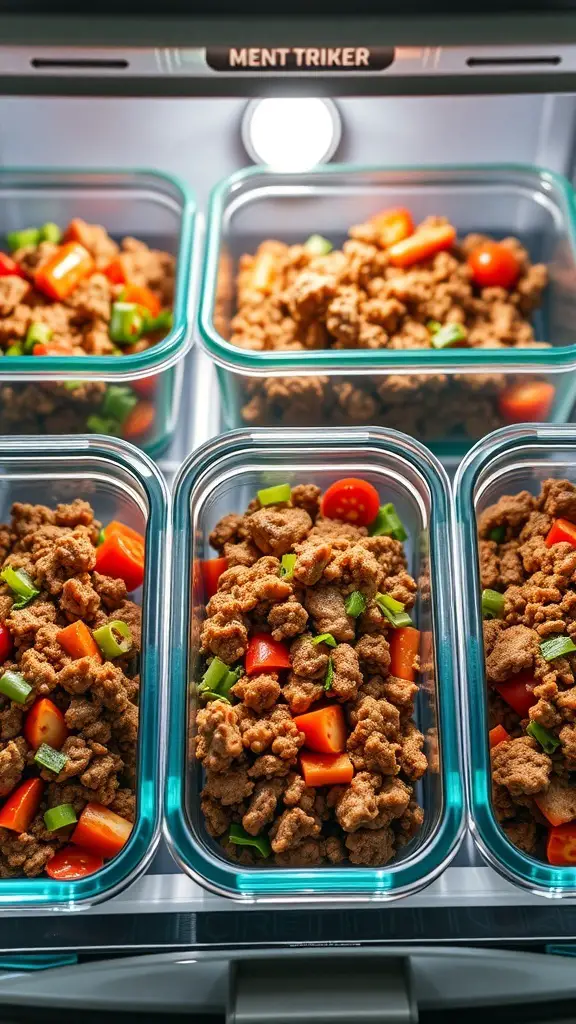 Meal prep containers filled with Mediterranean ground beef stir fry and colorful vegetables.