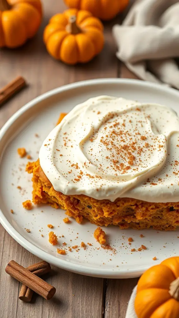 Pumpkin spice cake with cream cheese frosting on a plate, surrounded by small pumpkins and cinnamon sticks.