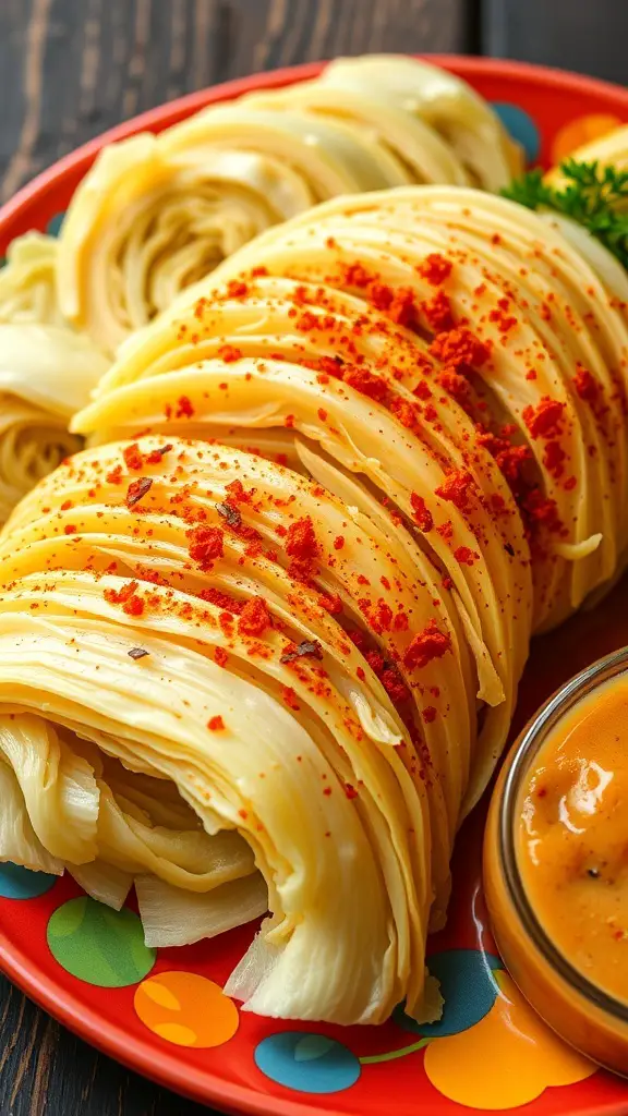 Spicy baked cabbage steaks seasoned with paprika on a colorful plate