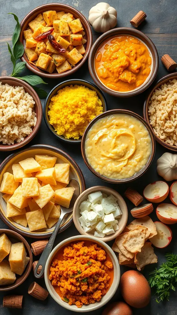 An assortment of soft food dishes including polenta, pumpkin puree, fluffy grains, soft cheeses, and baked goods.