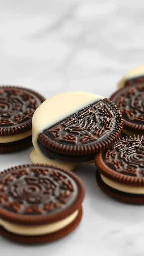 Chocolate dipped Oreos on a marble surface
