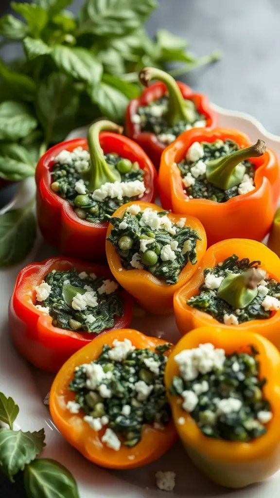 Colorful stuffed bell peppers filled with spinach and feta cheese