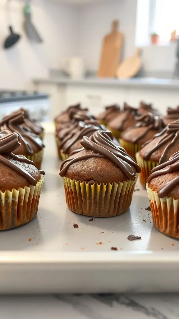 A tray of chocolate banana bread muffins with chocolate frosting