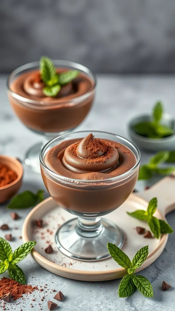 Vegan chocolate mousse in glass cups, topped with mint leaves and cocoa powder.