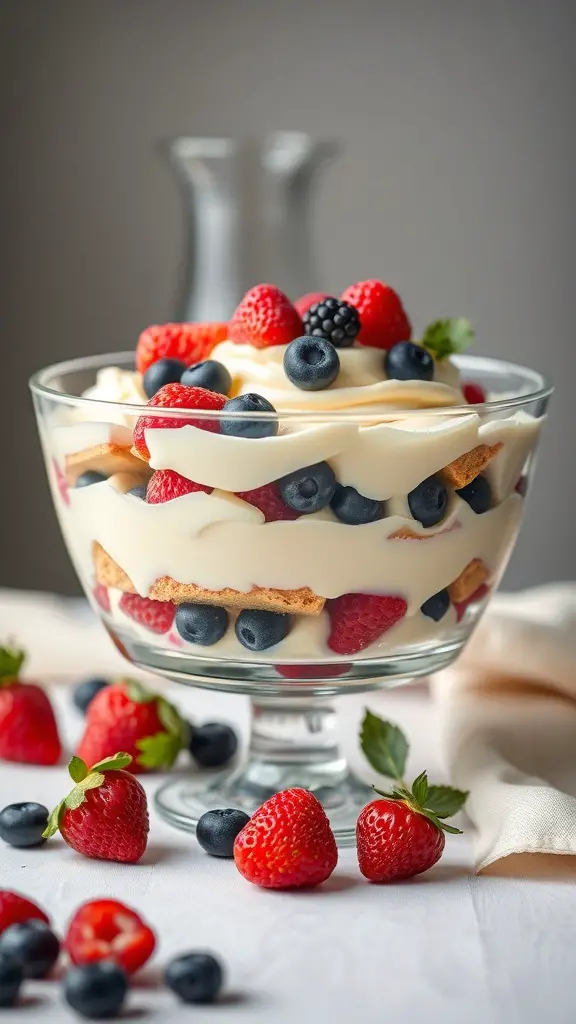 A classic English trifle with layers of custard, sponge cake, and fresh berries.