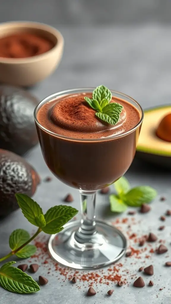 A glass of chocolate avocado mousse topped with mint leaves, surrounded by avocados and cocoa powder.