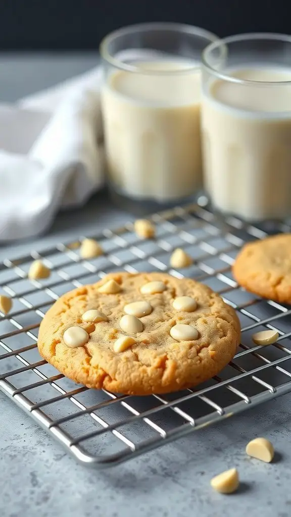 Freshly baked white chocolate macadamia nut cookies on a cooling rack with glasses of milk