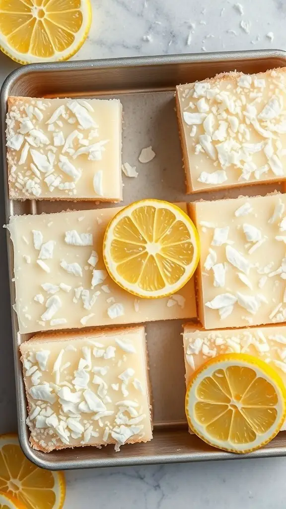 A tray of Zesty Lemon Coconut Bars topped with coconut flakes and lemon slices.