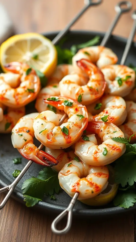 Grilled garlic lemon shrimp skewers on a plate with lemon slices and herbs