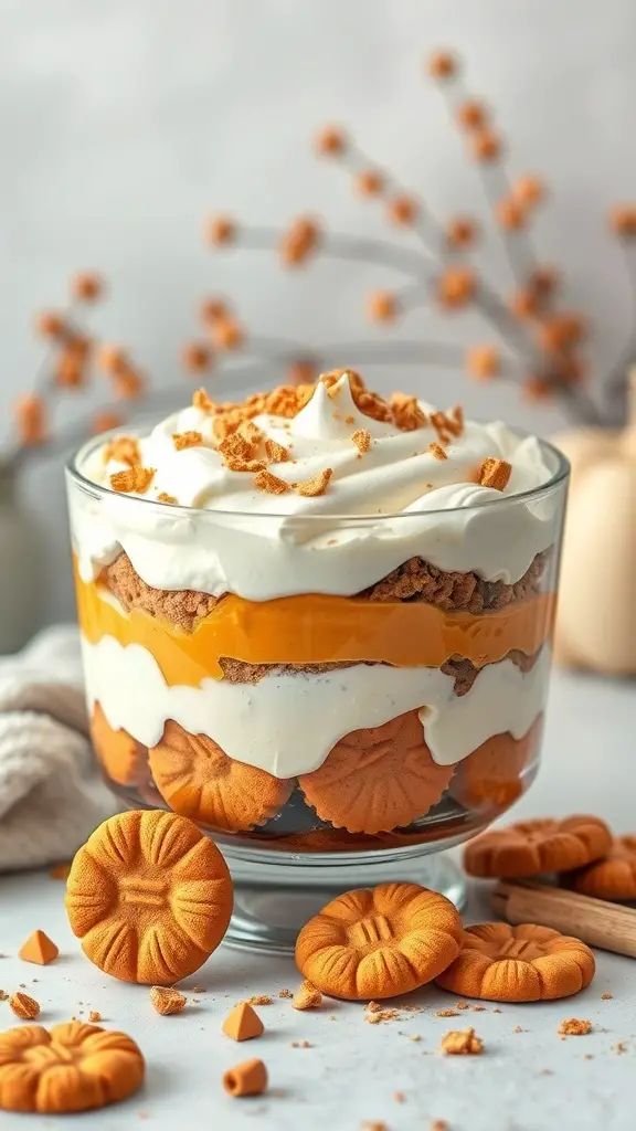 A pumpkin spice trifle layered with pumpkin puree, whipped cream, and cookies, decorated with crushed cookies on top.