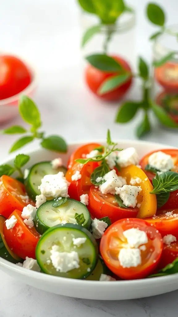 A fresh cucumber and tomato salad topped with feta cheese and herbs