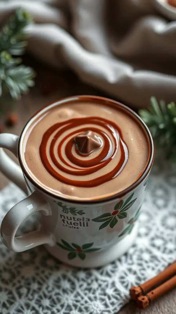 A mug of Nutella hot chocolate topped with a swirl of Nutella, surrounded by cinnamon sticks and greenery.