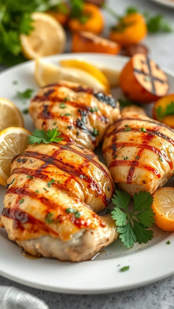 Grilled chicken breasts garnished with lemon slices and herbs on a plate