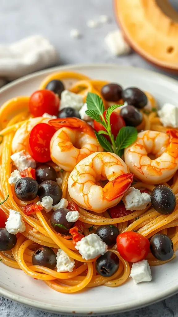 A plate of Mediterranean shrimp pasta with shrimp, cherry tomatoes, black olives, and feta cheese.