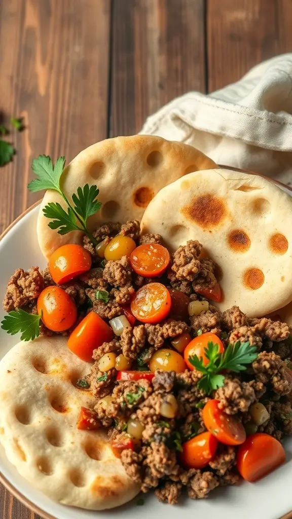A plate of Mediterranean ground beef stir fry served with pita bread and cherry tomatoes.