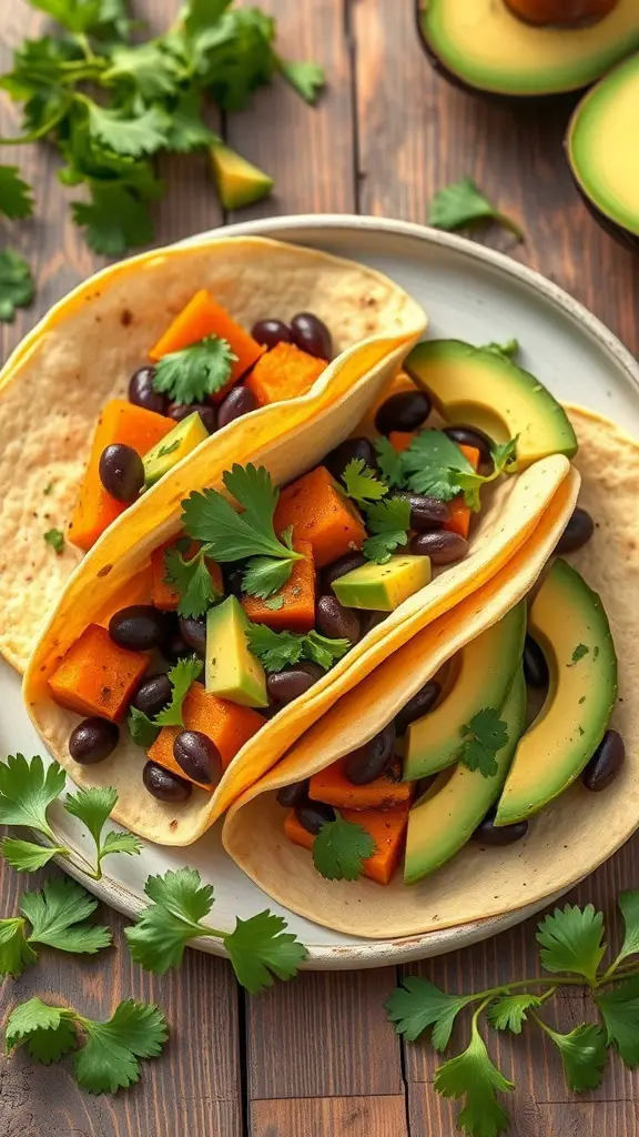 Sweet potato and black bean tacos with avocado and cilantro on a wooden table