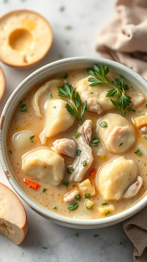 A bowl of chicken and dumplings in creamy broth, garnished with parsley.