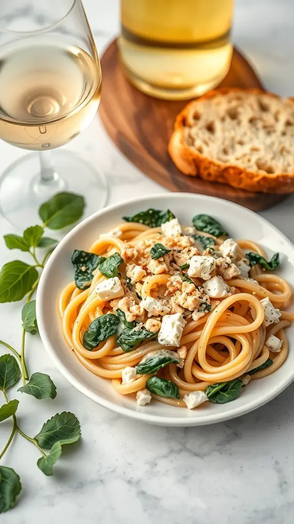 A plate of creamy feta and spinach linguine with a glass of white wine and a slice of bread
