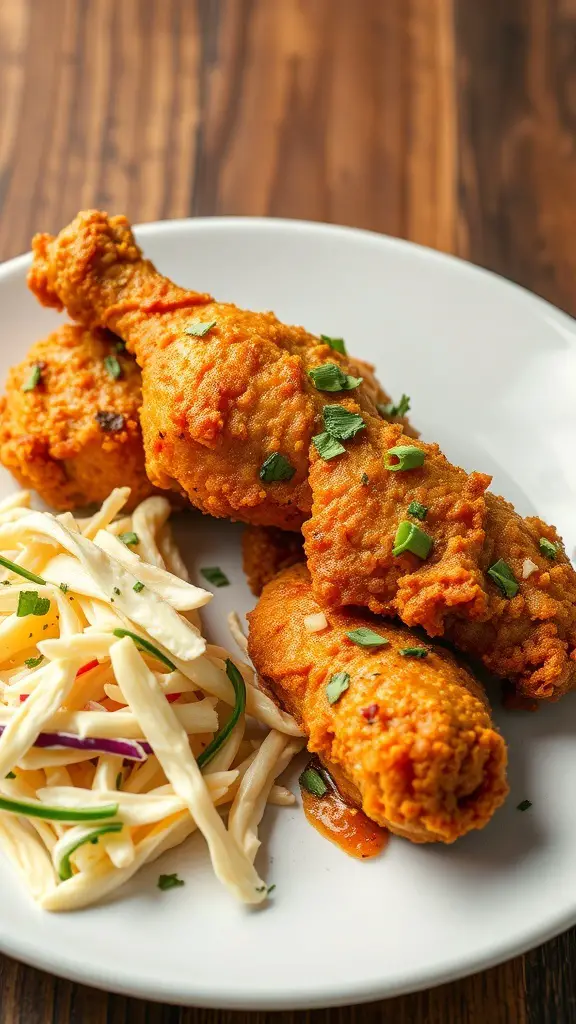 A plate of crispy fried chicken drumsticks served with coleslaw