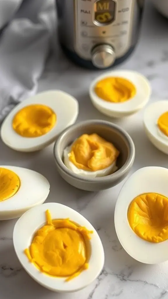 Hard-boiled eggs halved with yellow yolks and a bowl of spicy mustard