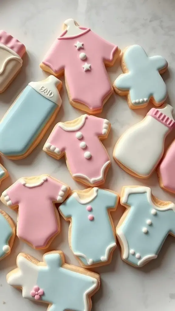 Decorative baby shower cookies in various shapes and colors