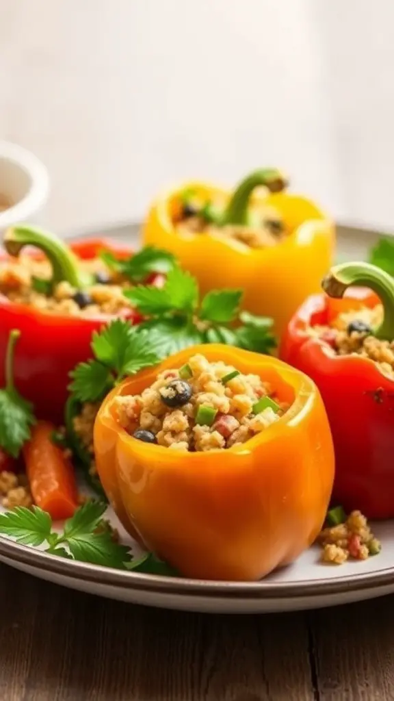 Colorful stuffed bell peppers filled with quinoa and vegetables on a plate