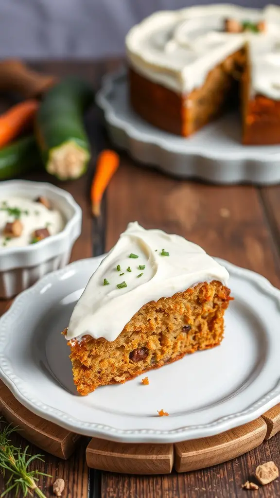 A slice of zucchini and carrot cake with cream frosting on a plate, surrounded by fresh zucchini and carrots.
