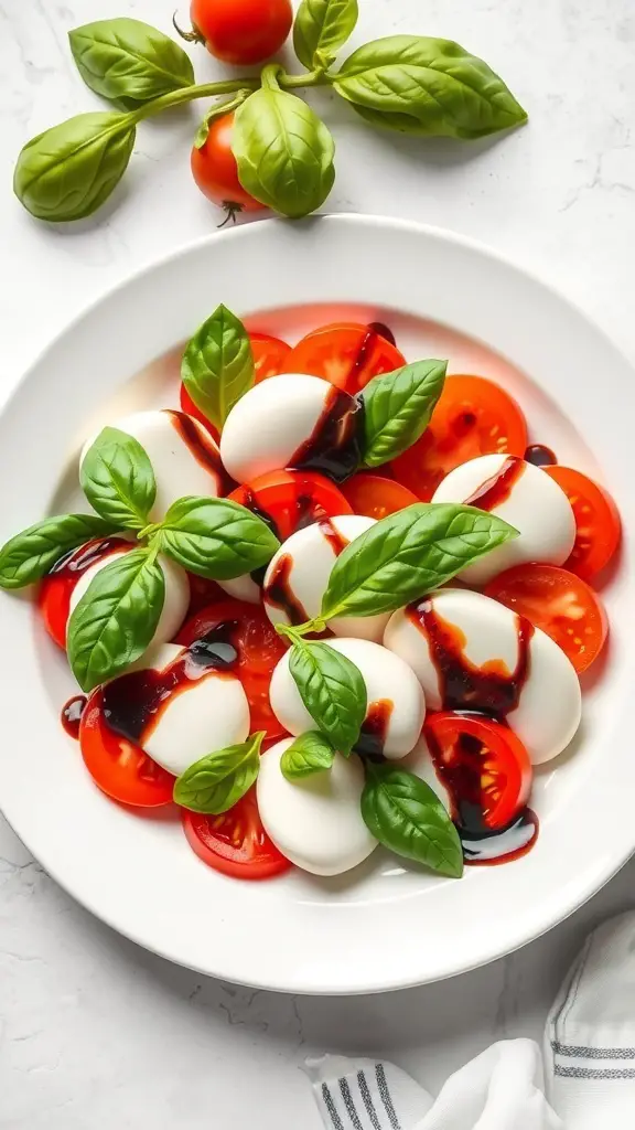 A Caprese bowl featuring mozzarella balls, sliced tomatoes, and fresh basil, drizzled with balsamic glaze.