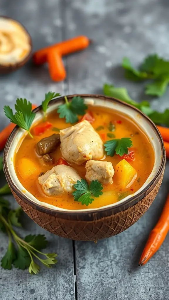A bowl of Coconut Curry Chicken Soup with chicken pieces, vegetables, and garnished with cilantro and chili.