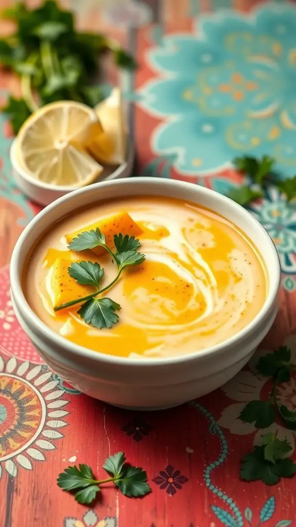 A bowl of Thai Coconut Tofu Soup garnished with cilantro and served with lemon on a colorful table.
