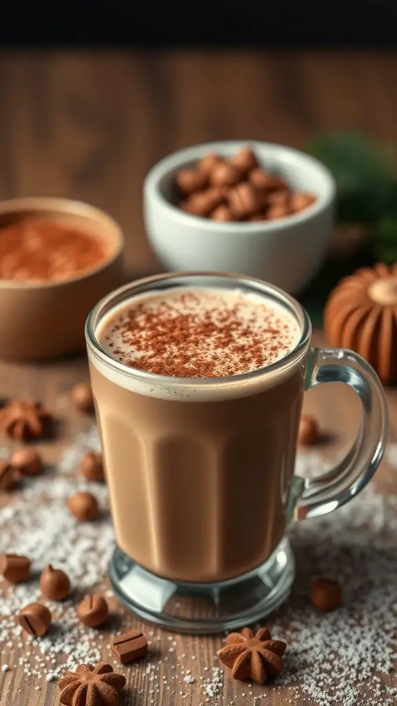 A cozy mug of hazelnut mocha hot chocolate topped with whipped cream and cocoa, surrounded by chocolate treats.
