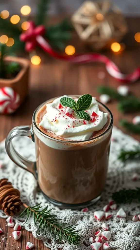 A cozy cup of Peppermint Mocha Punch topped with whipped cream and crushed peppermint, surrounded by festive decorations.