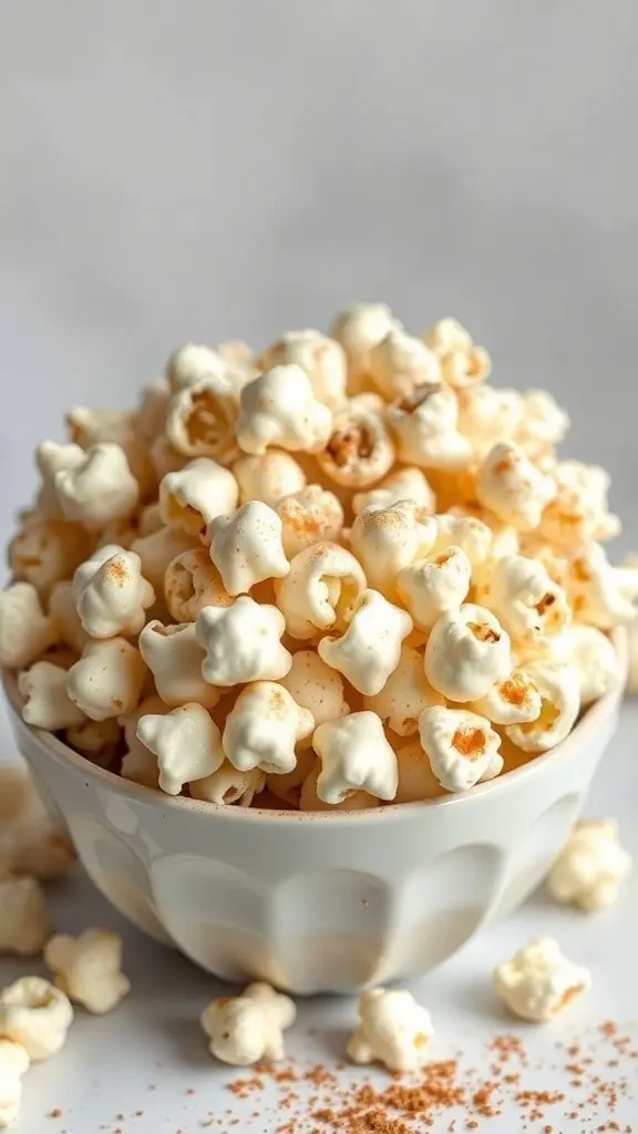 A bowl of popcorn coated with cinnamon and sugar, resembling snickerdoodle cookies.