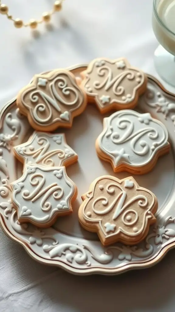 A plate of classic monogram cookies with intricate designs and soft colors.