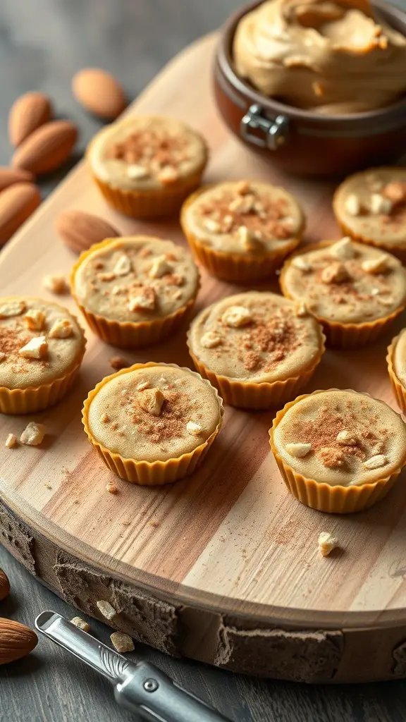 A wooden board displaying Cinnamon Almond Butter Cups topped with cinnamon and chopped almonds.