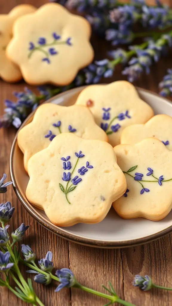 Lavender infused shortbread cookies decorated with lavender flowers on a wooden table