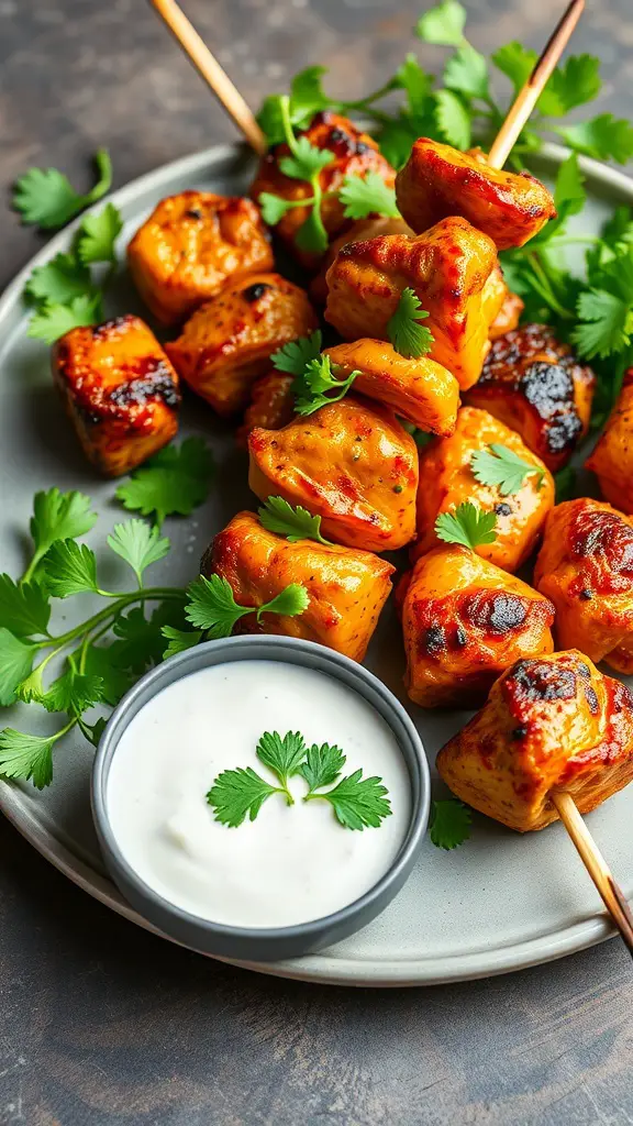 Grilled chicken tikka skewers garnished with cilantro and served with a yogurt dip.