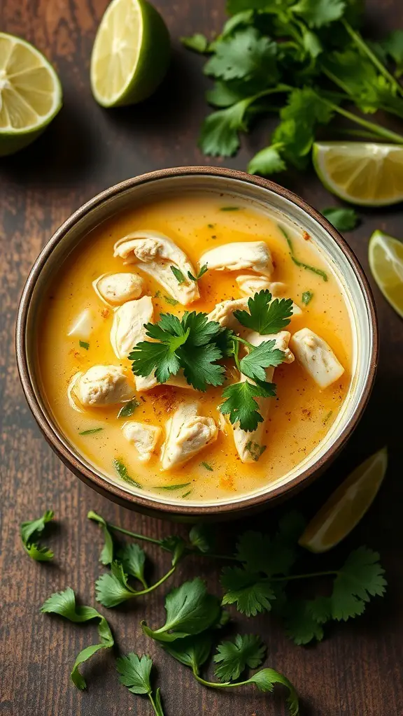 A bowl of Thai Coconut Chicken Soup garnished with cilantro and lime wedges on the side.