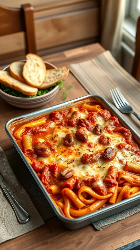 A delicious lasagna with garlic bread on the side, ready for a family dinner.