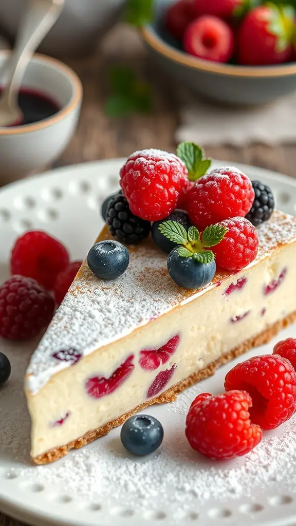 A slice of Polish cheesecake topped with raspberries and blueberries, served on a plate.
