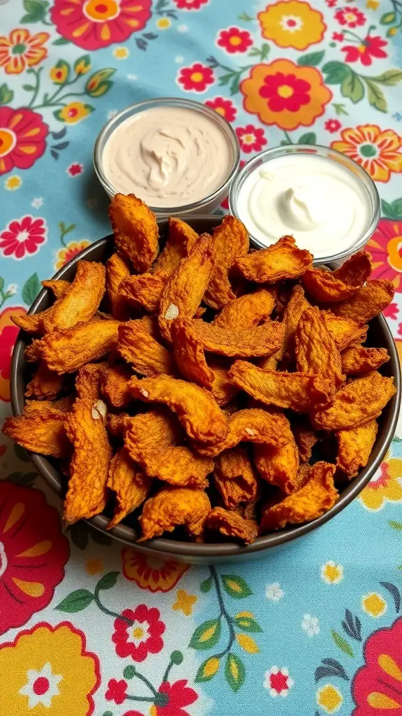 A bowl of crispy pork rinds with two dips on a colorful floral tablecloth.