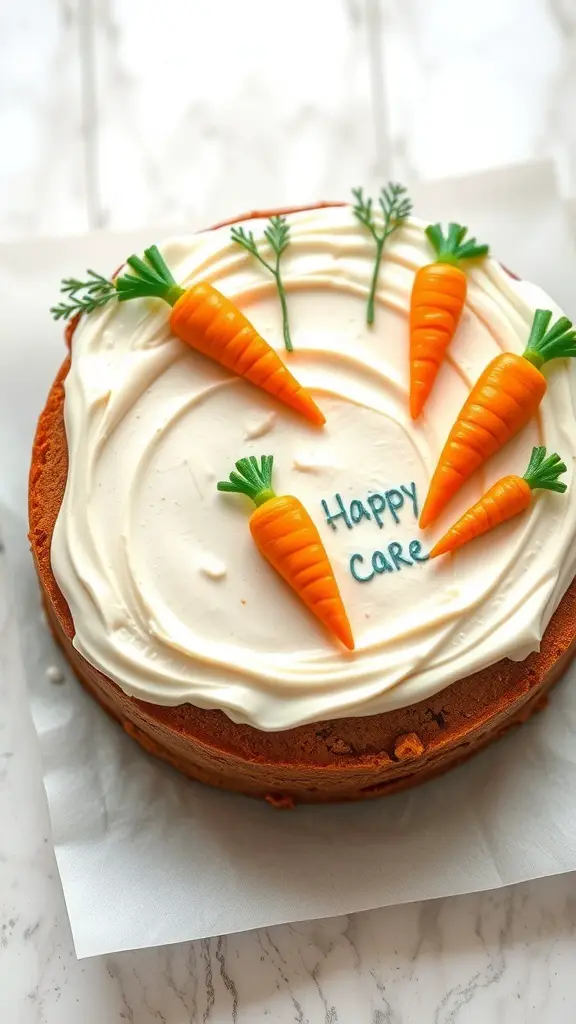 A decorated carrot cake with cream cheese frosting and carrot decorations on top.